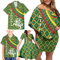 Lithuania Knight Pattern Family Matching Off Shoulder Short Dress and Hawaiian Shirt with Traditional Green Yellow Red Design and Vytis Emblem - Wonder Print Shop