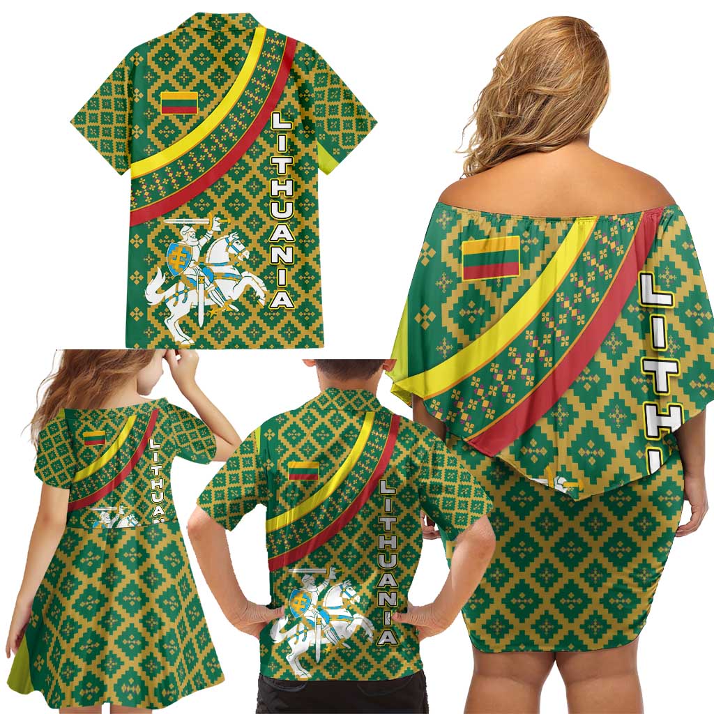 Lithuania Knight Pattern Family Matching Off Shoulder Short Dress and Hawaiian Shirt with Traditional Green Yellow Red Design and Vytis Emblem - Wonder Print Shop