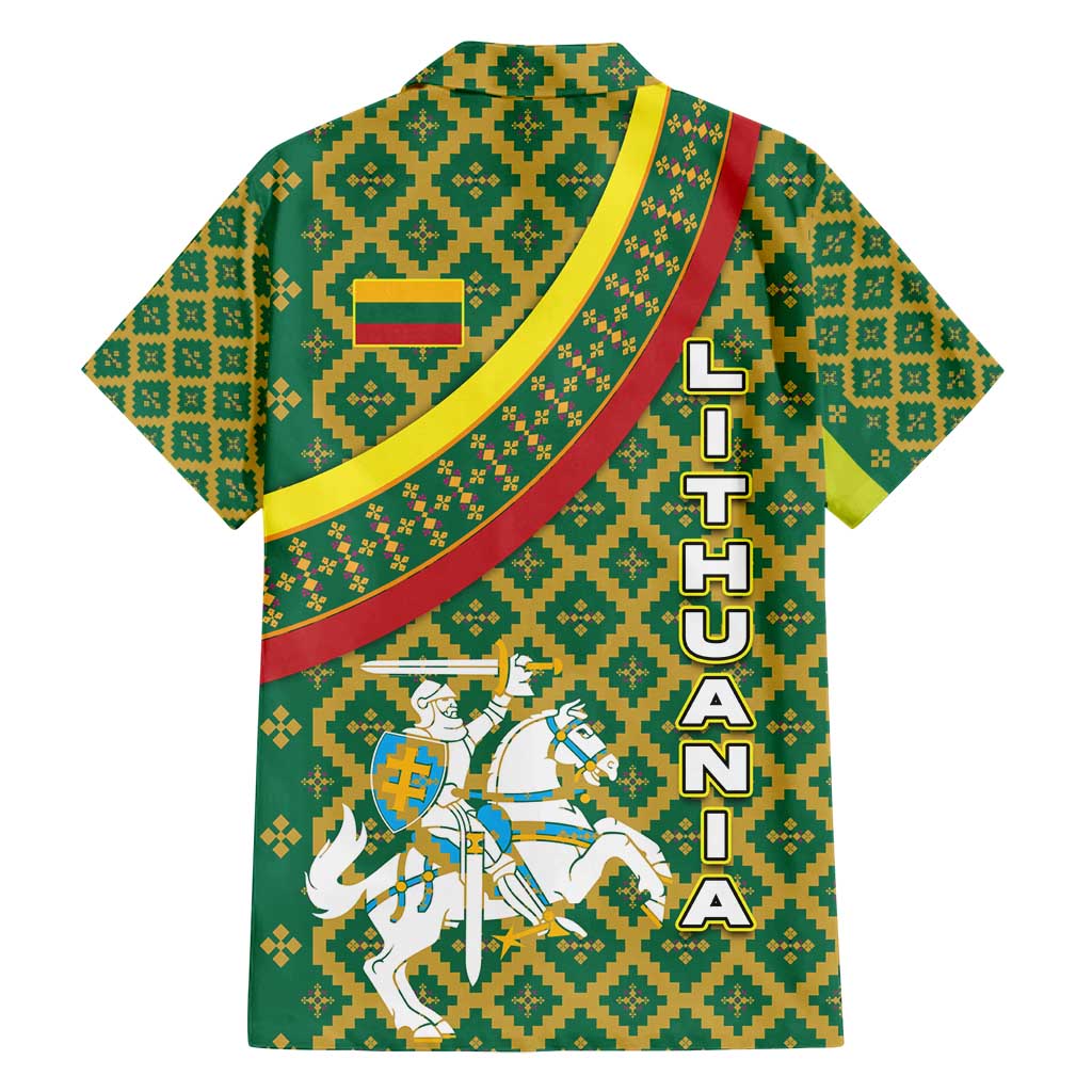 Lithuania Knight Pattern Family Matching Off Shoulder Short Dress and Hawaiian Shirt with Traditional Green Yellow Red Design and Vytis Emblem - Wonder Print Shop