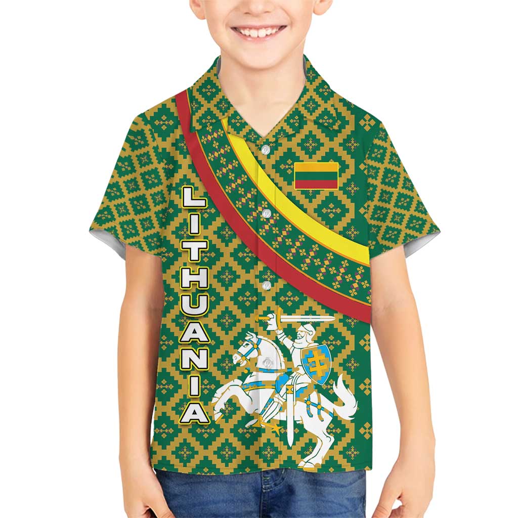 Lithuania Knight Pattern Family Matching Off Shoulder Short Dress and Hawaiian Shirt with Traditional Green Yellow Red Design and Vytis Emblem - Wonder Print Shop