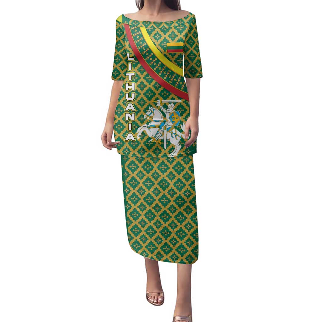 Lithuania Knight Pattern Family Matching Puletasi and Hawaiian Shirt with Traditional Green Yellow Red Design and Vytis Emblem - Wonder Print Shop