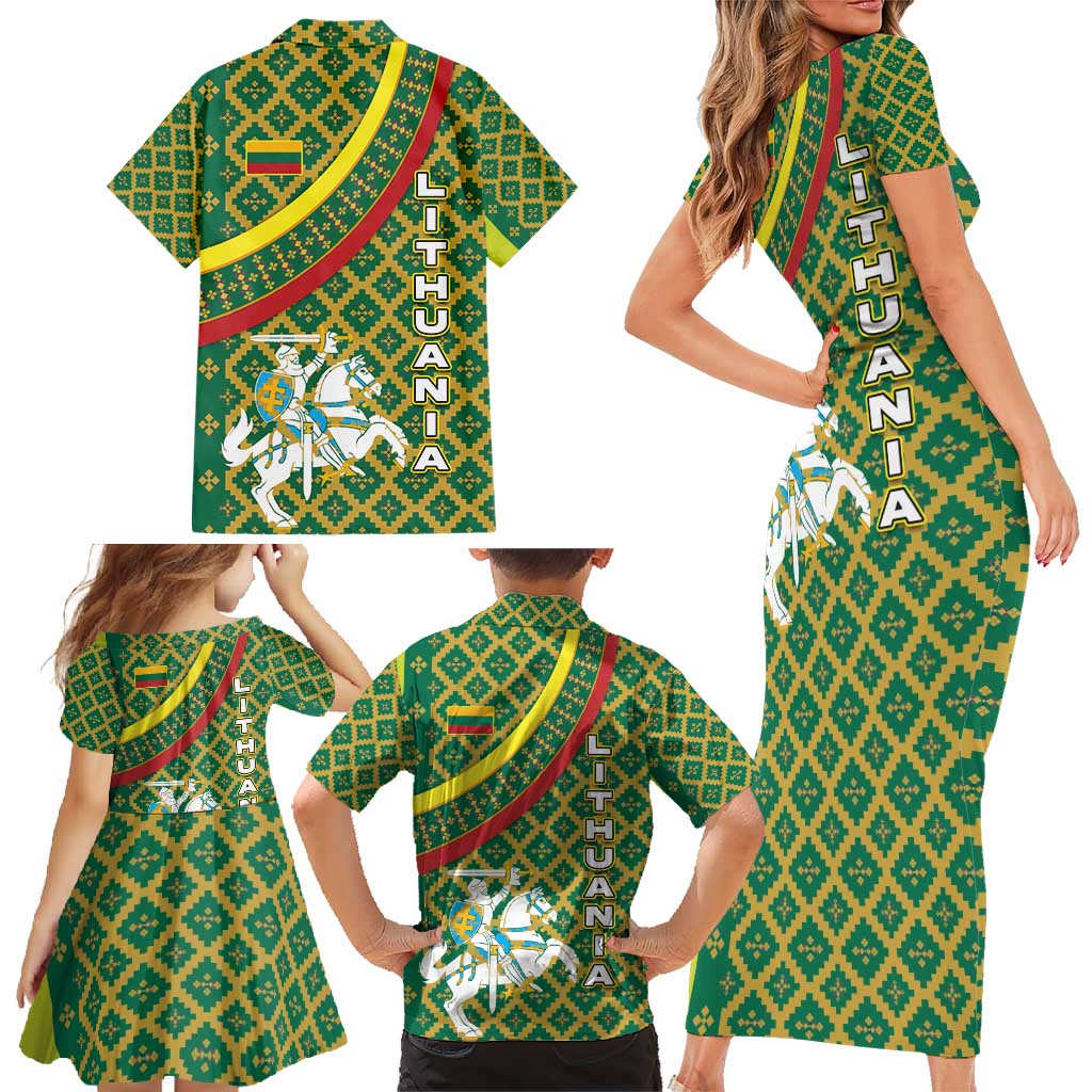 Lithuania Knight Pattern Family Matching Short Sleeve Bodycon Dress and Hawaiian Shirt with Traditional Green Yellow Red Design and Vytis Emblem - Wonder Print Shop