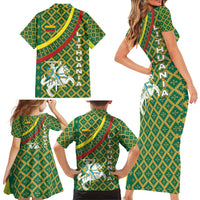 Lithuania Knight Pattern Family Matching Short Sleeve Bodycon Dress and Hawaiian Shirt with Traditional Green Yellow Red Design and Vytis Emblem - Wonder Print Shop