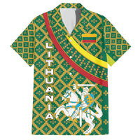 Lithuania Knight Pattern Family Matching Short Sleeve Bodycon Dress and Hawaiian Shirt with Traditional Green Yellow Red Design and Vytis Emblem - Wonder Print Shop