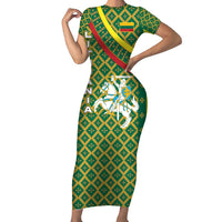 Lithuania Knight Pattern Family Matching Short Sleeve Bodycon Dress and Hawaiian Shirt with Traditional Green Yellow Red Design and Vytis Emblem - Wonder Print Shop