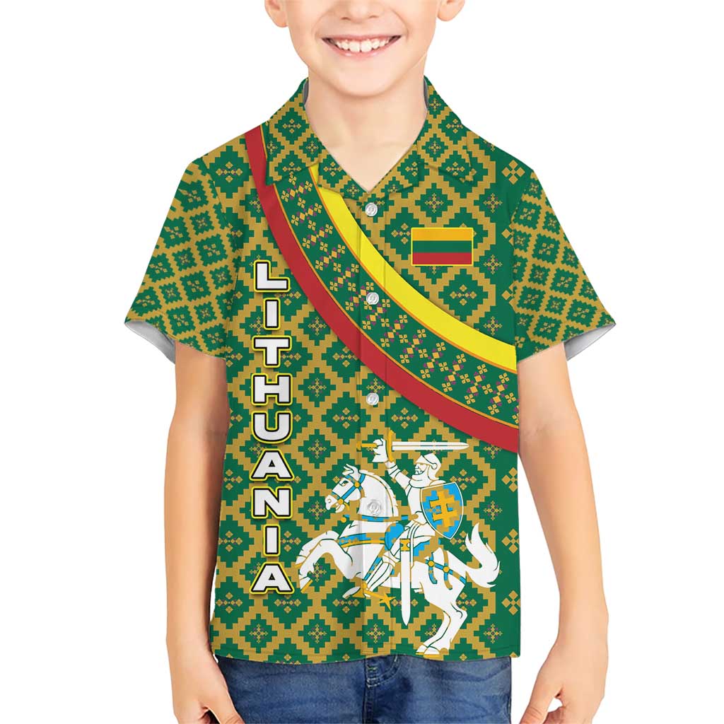 Lithuania Knight Pattern Family Matching Short Sleeve Bodycon Dress and Hawaiian Shirt with Traditional Green Yellow Red Design and Vytis Emblem - Wonder Print Shop
