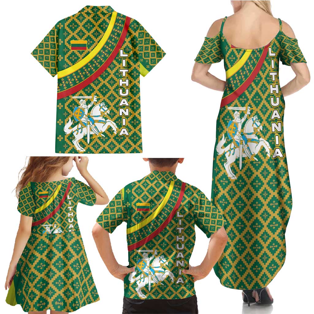 Lithuania Knight Pattern Family Matching Summer Maxi Dress and Hawaiian Shirt with Traditional Green Yellow Red Design and Vytis Emblem - Wonder Print Shop