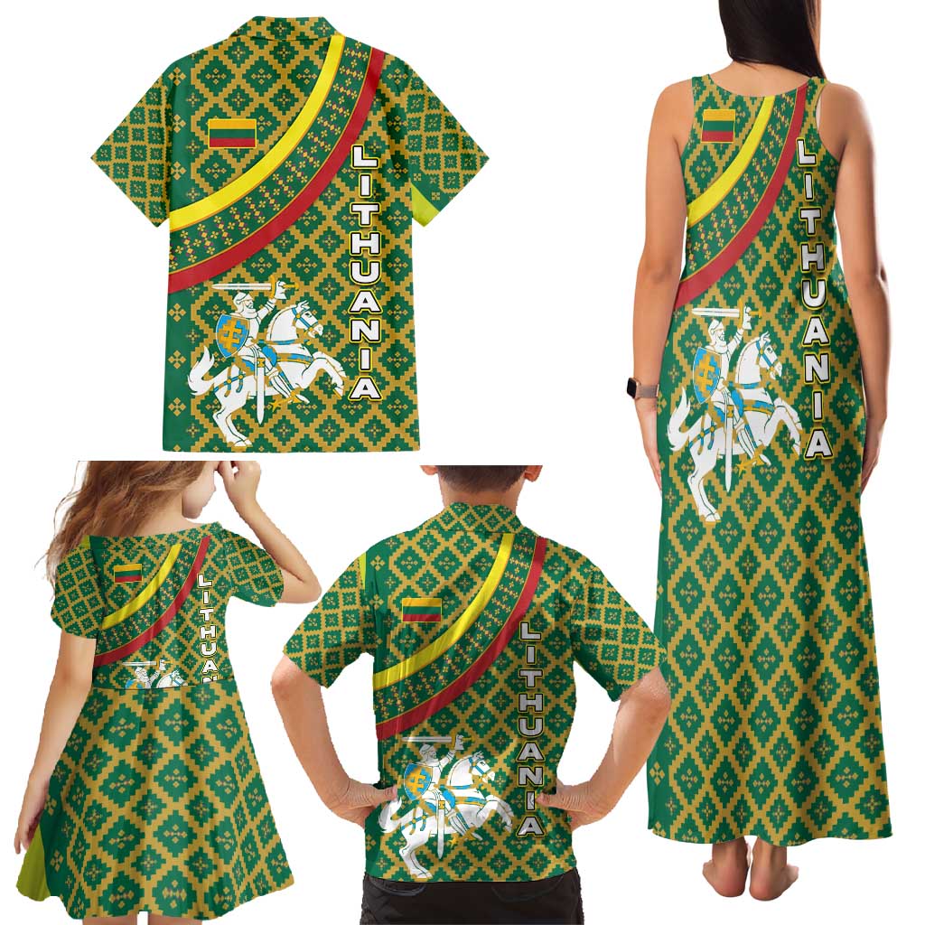 Lithuania Knight Pattern Family Matching Tank Maxi Dress and Hawaiian Shirt with Traditional Green Yellow Red Design and Vytis Emblem - Wonder Print Shop
