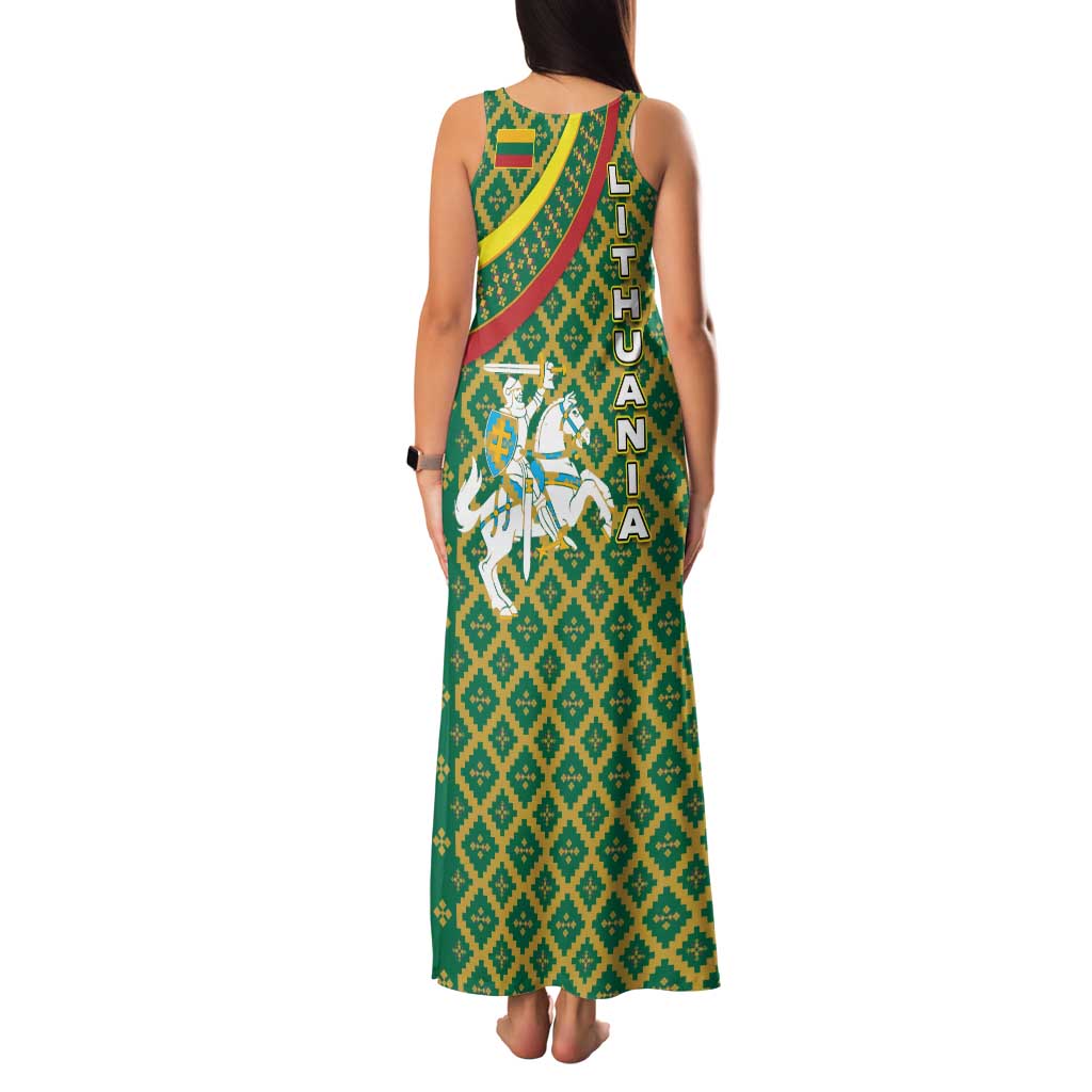 Lithuania Knight Pattern Family Matching Tank Maxi Dress and Hawaiian Shirt with Traditional Green Yellow Red Design and Vytis Emblem - Wonder Print Shop
