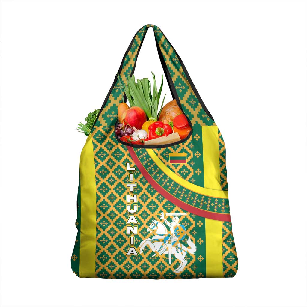 Lithuania Knight Pattern Grocery Bag with Traditional Green Yellow Red Design and Vytis Emblem - Wonder Print Shop