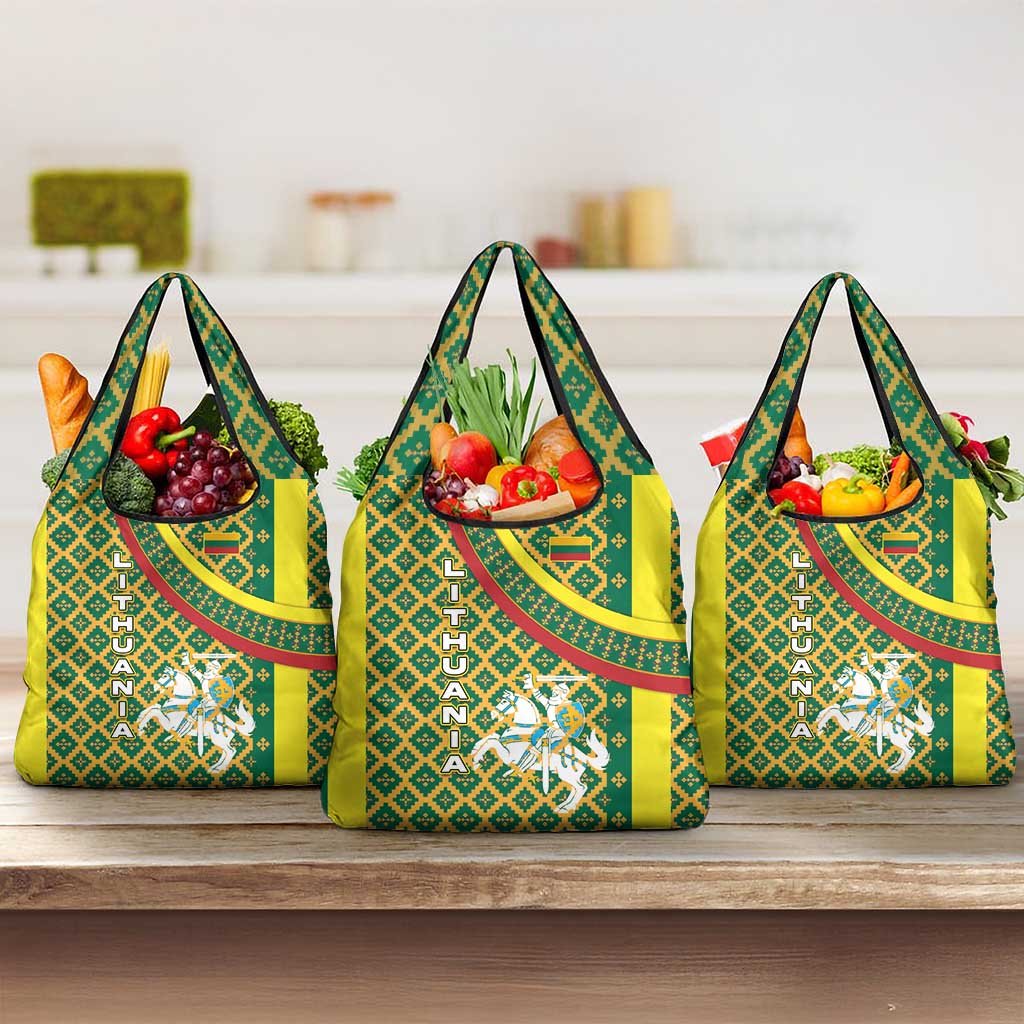 Lithuania Knight Pattern Grocery Bag with Traditional Green Yellow Red Design and Vytis Emblem - Wonder Print Shop