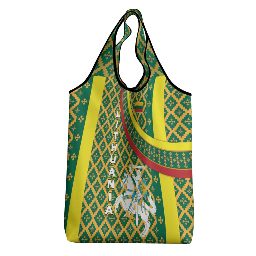 Lithuania Knight Pattern Grocery Bag with Traditional Green Yellow Red Design and Vytis Emblem - Wonder Print Shop