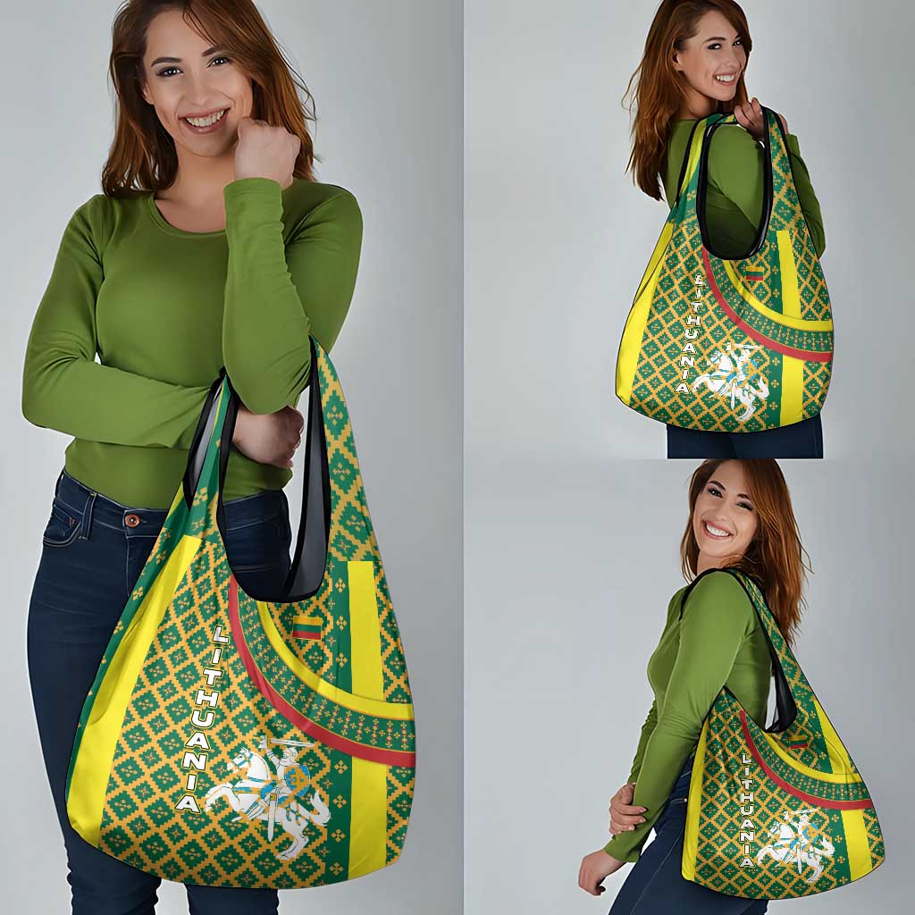 Lithuania Knight Pattern Grocery Bag with Traditional Green Yellow Red Design and Vytis Emblem - Wonder Print Shop