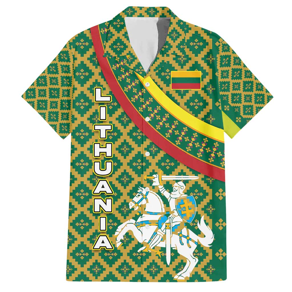 Lithuania Knight Pattern Hawaiian Shirt with Traditional Green Yellow Red Design and Vytis Emblem - Wonder Print Shop