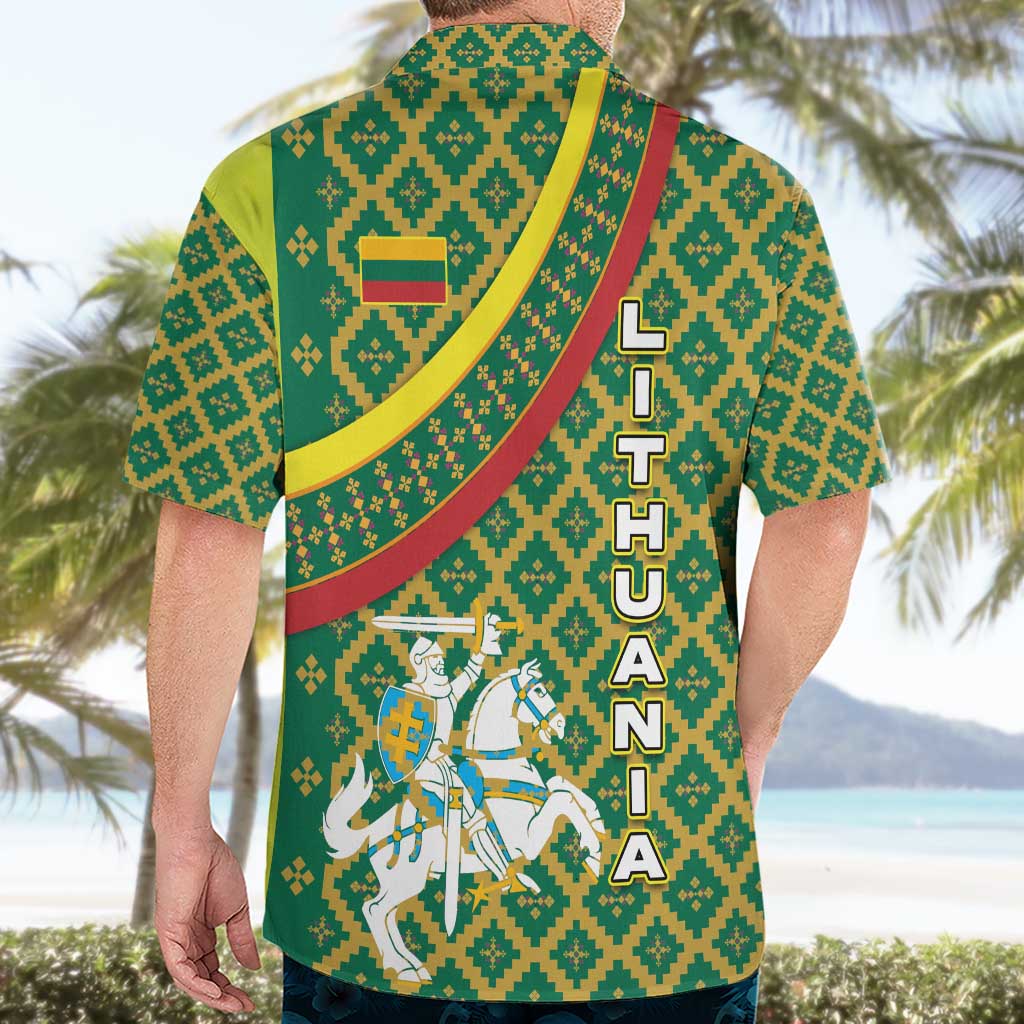 Lithuania Knight Pattern Hawaiian Shirt with Traditional Green Yellow Red Design and Vytis Emblem - Wonder Print Shop