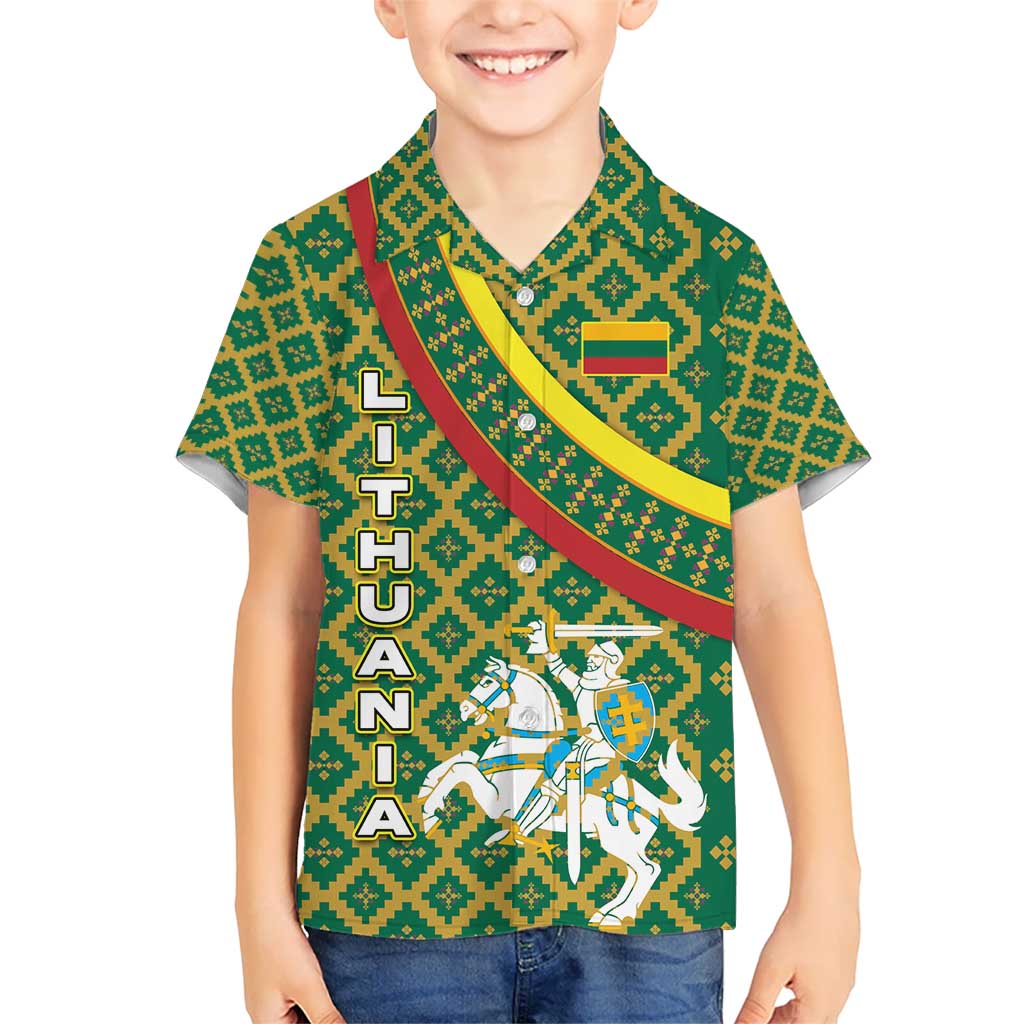 Lithuania Knight Pattern Hawaiian Shirt with Traditional Green Yellow Red Design and Vytis Emblem - Wonder Print Shop