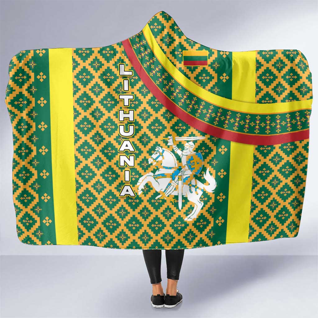 Lithuania Knight Pattern Hooded Blanket with Traditional Green Yellow Red Design and Vytis Emblem - Wonder Print Shop