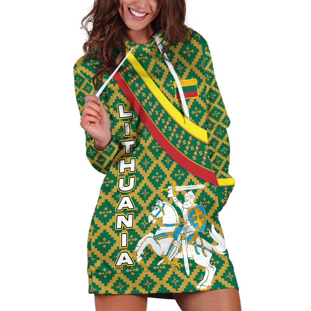 Lithuania Knight Pattern Hoodie Dress with Traditional Green Yellow Red Design and Vytis Emblem - Wonder Print Shop