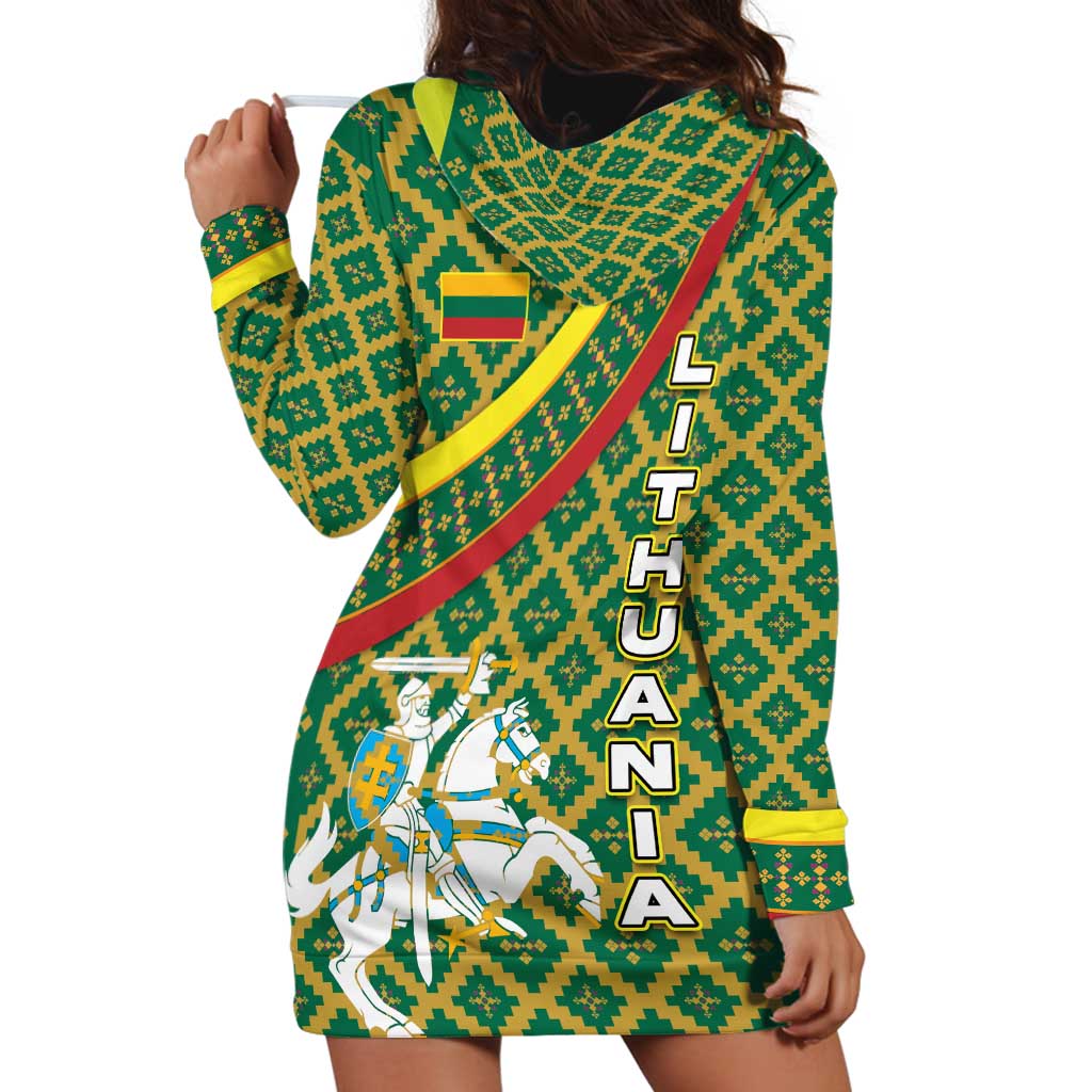 Lithuania Knight Pattern Hoodie Dress with Traditional Green Yellow Red Design and Vytis Emblem - Wonder Print Shop