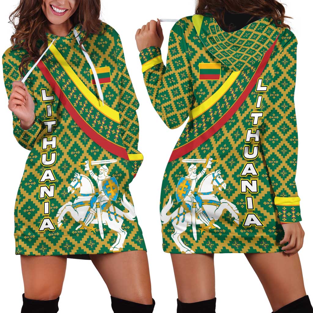 Lithuania Knight Pattern Hoodie Dress with Traditional Green Yellow Red Design and Vytis Emblem - Wonder Print Shop