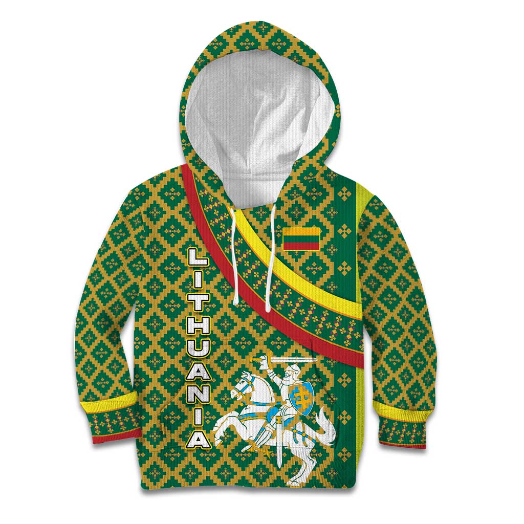 Lithuania Knight Pattern Kid Hoodie with Traditional Green Yellow Red Design and Vytis Emblem - Wonder Print Shop