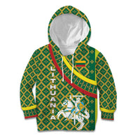 Lithuania Knight Pattern Kid Hoodie with Traditional Green Yellow Red Design and Vytis Emblem - Wonder Print Shop