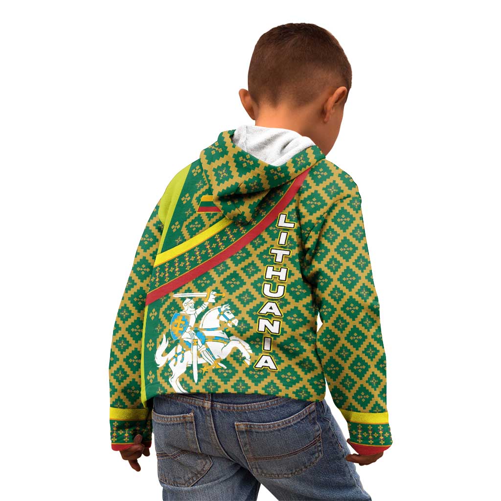 Lithuania Knight Pattern Kid Hoodie with Traditional Green Yellow Red Design and Vytis Emblem - Wonder Print Shop