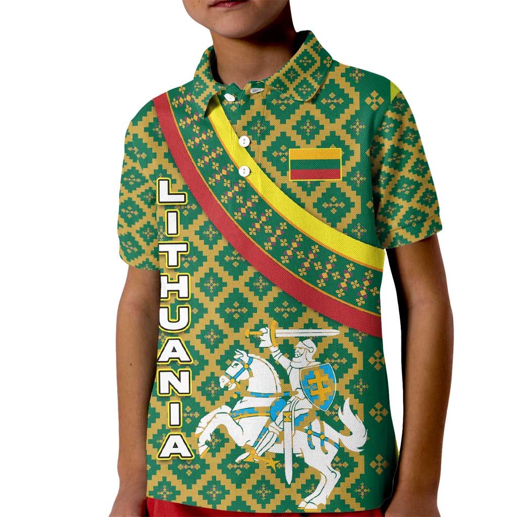 Lithuania Knight Pattern Kid Polo Shirt with Traditional Green Yellow Red Design and Vytis Emblem - Wonder Print Shop