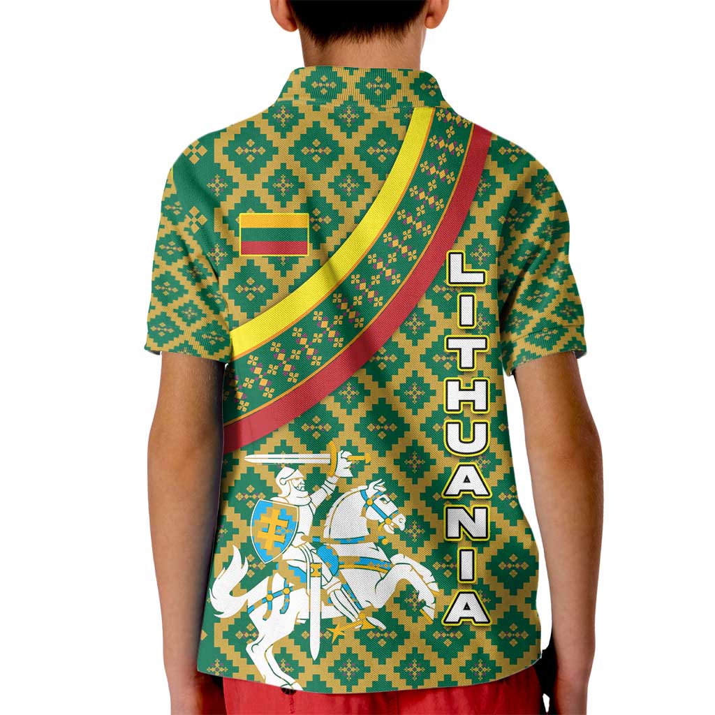 Lithuania Knight Pattern Kid Polo Shirt with Traditional Green Yellow Red Design and Vytis Emblem - Wonder Print Shop