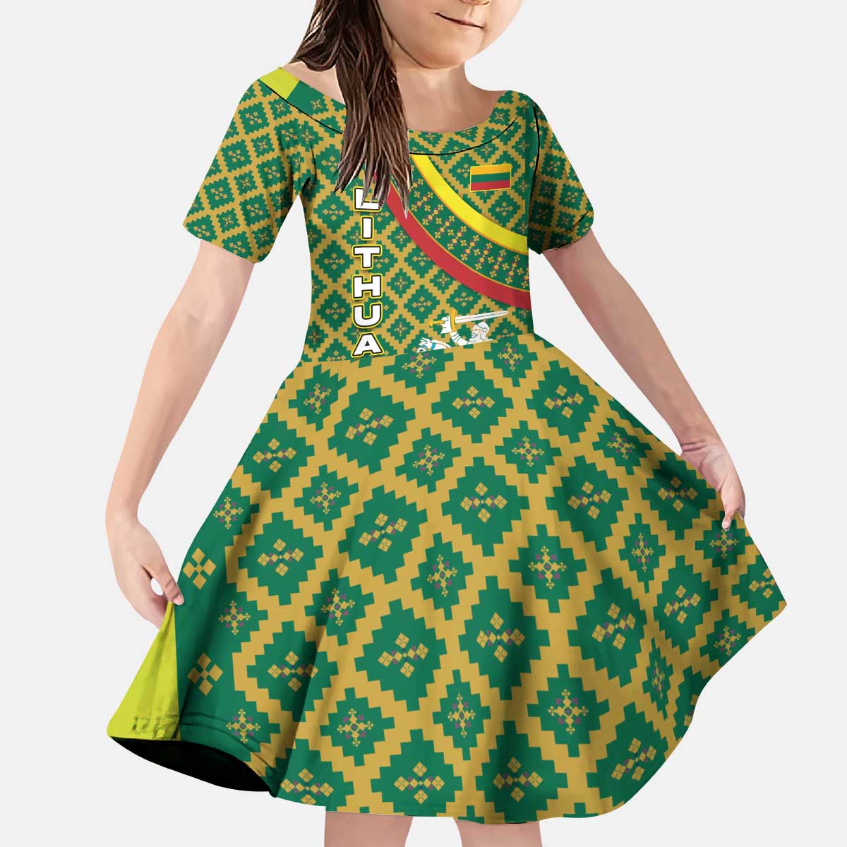 Lithuania Knight Pattern Kid Short Sleeve Dress with Traditional Green Yellow Red Design and Vytis Emblem - Wonder Print Shop