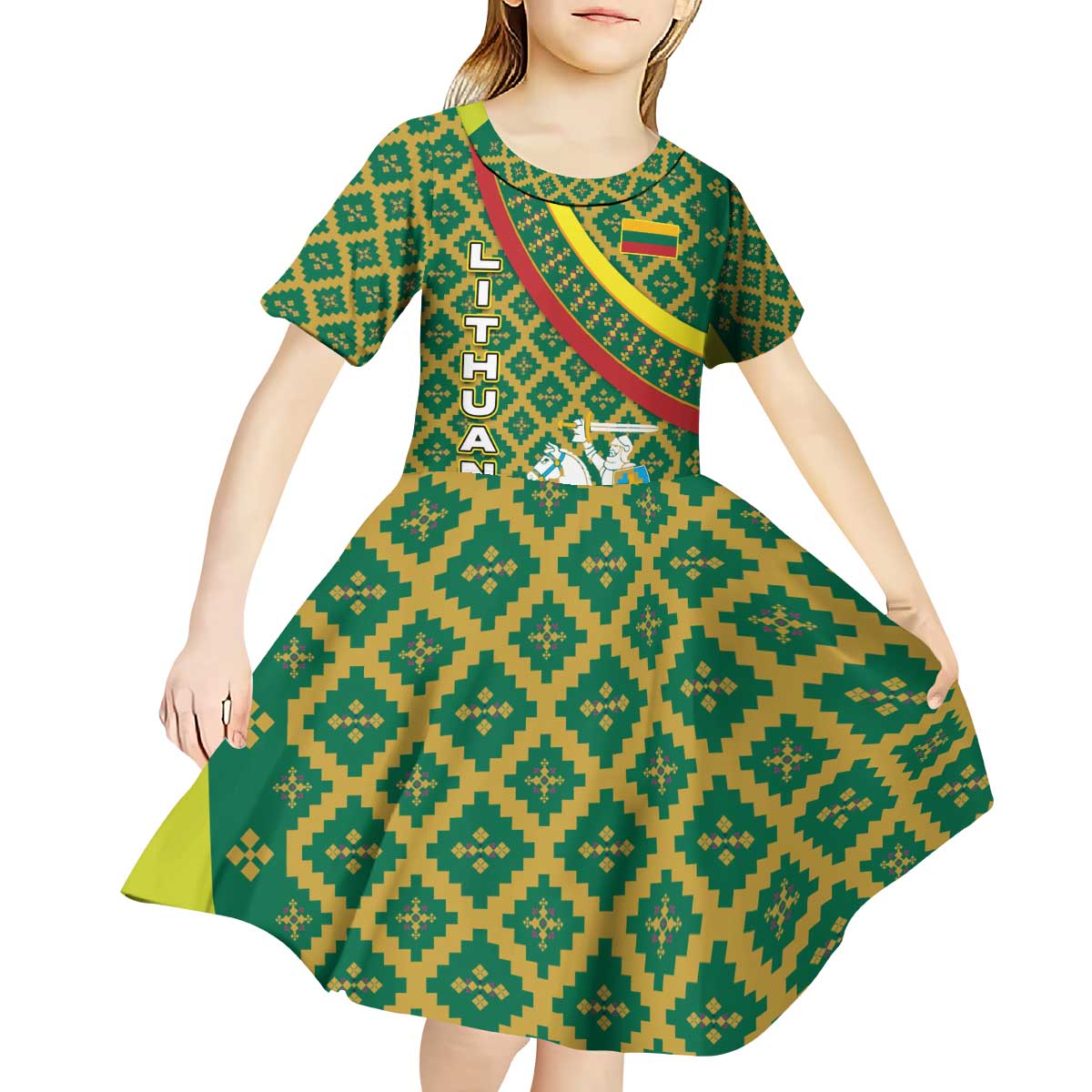 Lithuania Knight Pattern Kid Short Sleeve Dress with Traditional Green Yellow Red Design and Vytis Emblem - Wonder Print Shop