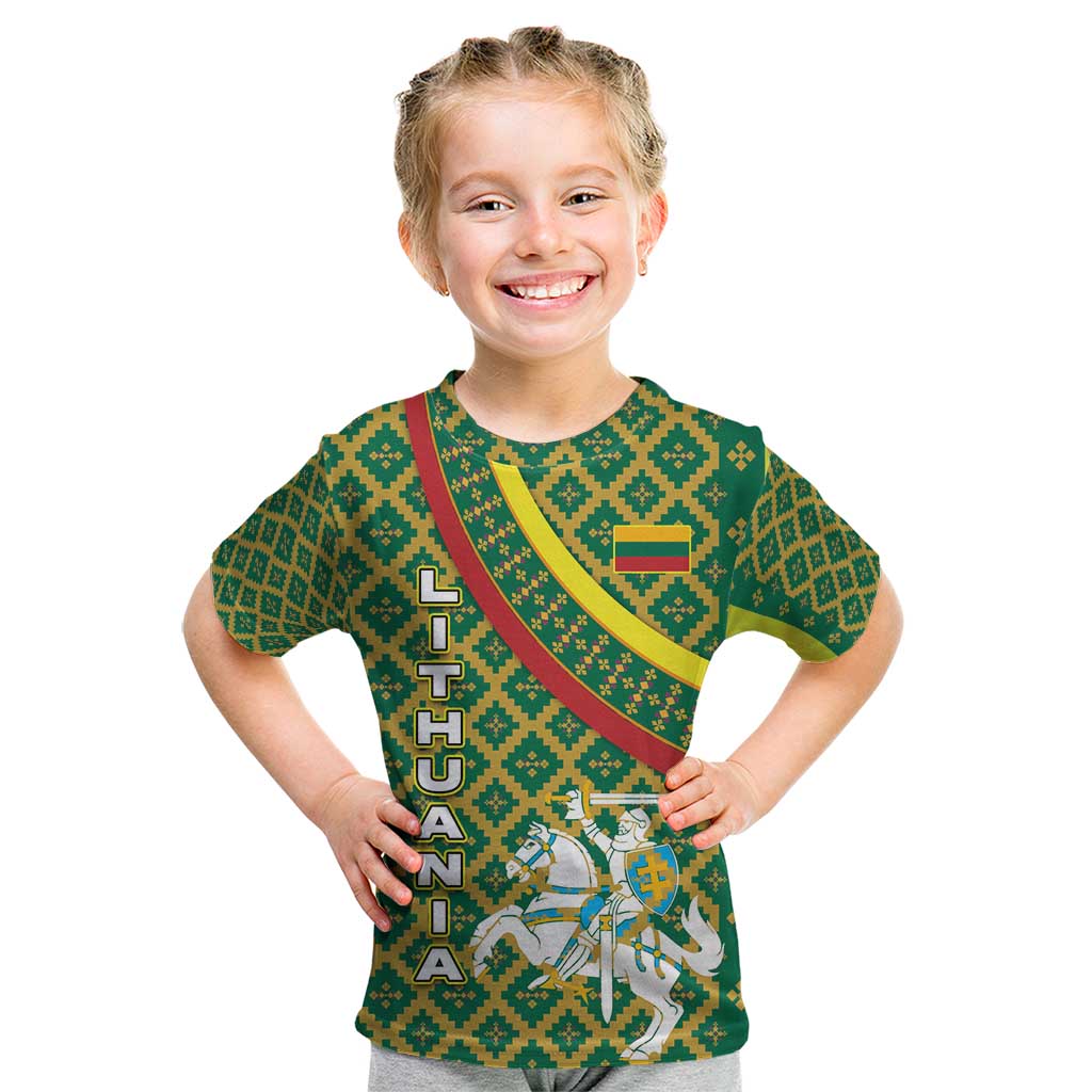 Lithuania Knight Pattern Kid T Shirt with Traditional Green Yellow Red Design and Vytis Emblem - Wonder Print Shop