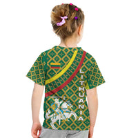 Lithuania Knight Pattern Kid T Shirt with Traditional Green Yellow Red Design and Vytis Emblem - Wonder Print Shop