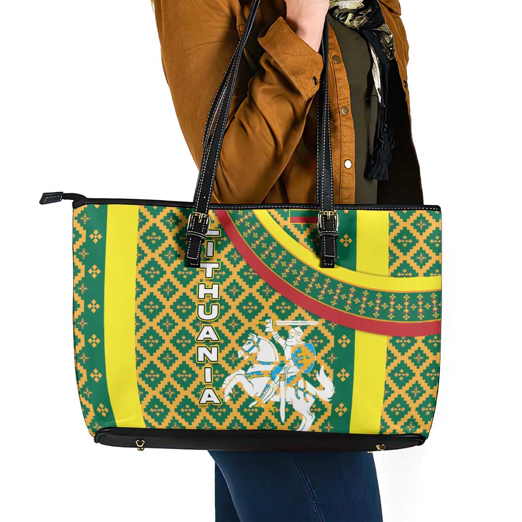 Lithuania Knight Pattern Leather Tote Bag with Traditional Green Yellow Red Design and Vytis Emblem - Wonder Print Shop