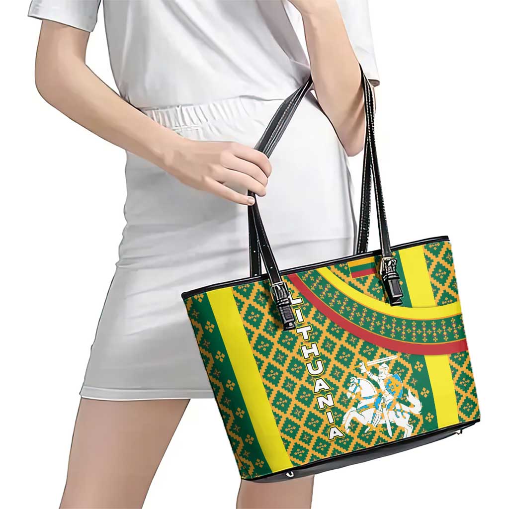 Lithuania Knight Pattern Leather Tote Bag with Traditional Green Yellow Red Design and Vytis Emblem - Wonder Print Shop