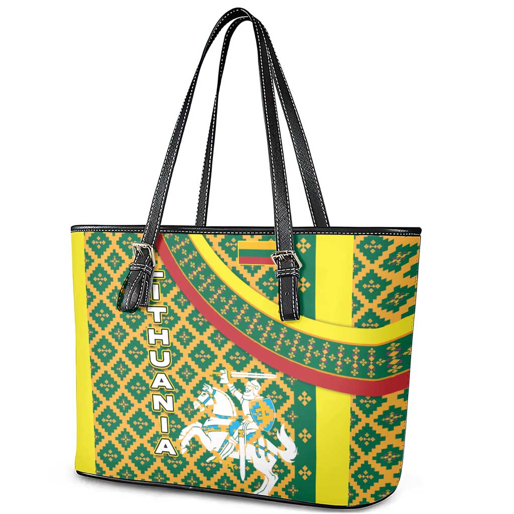 Lithuania Knight Pattern Leather Tote Bag with Traditional Green Yellow Red Design and Vytis Emblem - Wonder Print Shop
