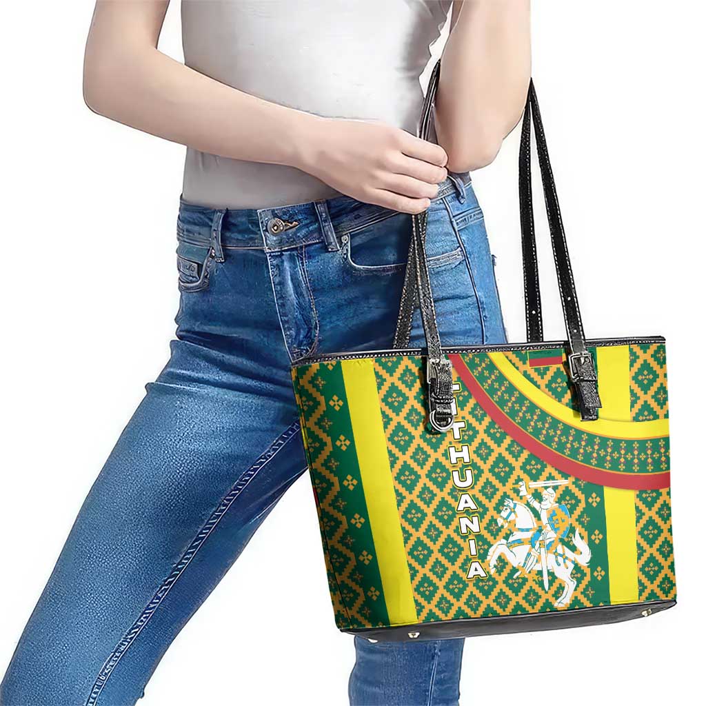 Lithuania Knight Pattern Leather Tote Bag with Traditional Green Yellow Red Design and Vytis Emblem - Wonder Print Shop