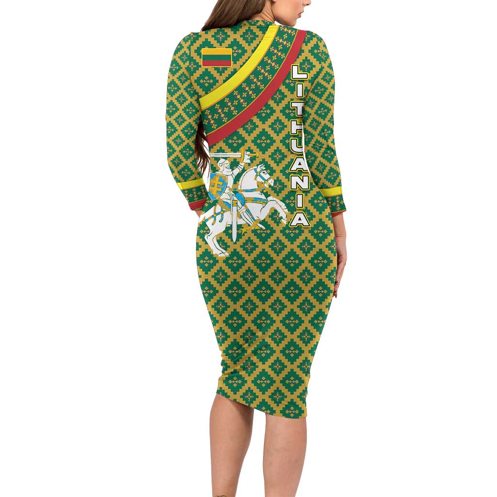 Lithuania Knight Pattern Long Sleeve Bodycon Dress with Traditional Green Yellow Red Design and Vytis Emblem - Wonder Print Shop