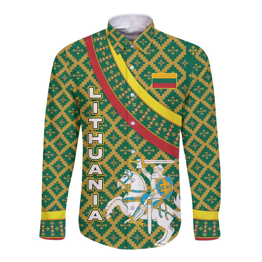 Lithuania Knight Pattern Long Sleeve Button Shirt with Traditional Green Yellow Red Design and Vytis Emblem - Wonder Print Shop