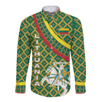 Lithuania Knight Pattern Long Sleeve Button Shirt with Traditional Green Yellow Red Design and Vytis Emblem - Wonder Print Shop