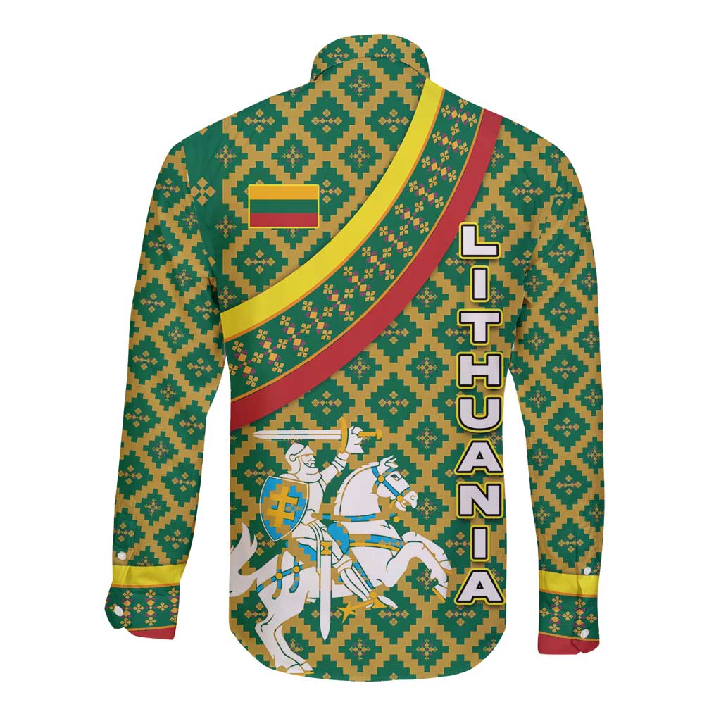 Lithuania Knight Pattern Long Sleeve Button Shirt with Traditional Green Yellow Red Design and Vytis Emblem - Wonder Print Shop