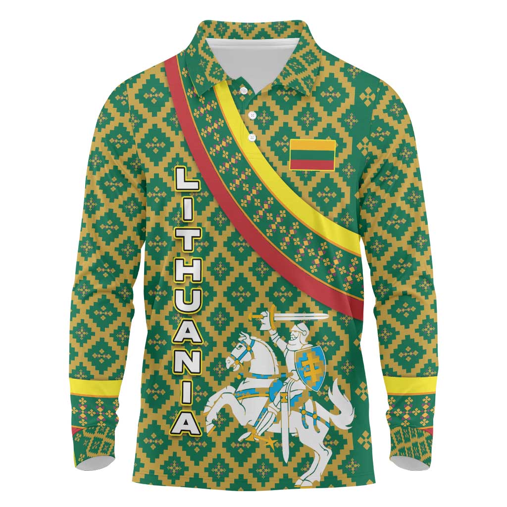 Lithuania Knight Pattern Long Sleeve Polo Shirt with Traditional Green Yellow Red Design and Vytis Emblem - Wonder Print Shop