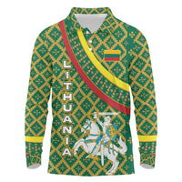 Lithuania Knight Pattern Long Sleeve Polo Shirt with Traditional Green Yellow Red Design and Vytis Emblem - Wonder Print Shop