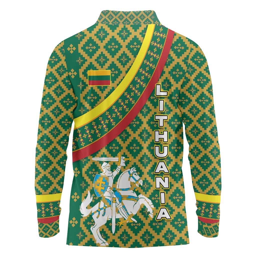 Lithuania Knight Pattern Long Sleeve Polo Shirt with Traditional Green Yellow Red Design and Vytis Emblem - Wonder Print Shop