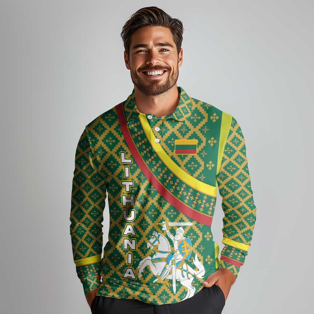 Lithuania Knight Pattern Long Sleeve Polo Shirt with Traditional Green Yellow Red Design and Vytis Emblem - Wonder Print Shop