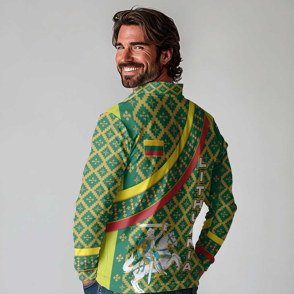 Lithuania Knight Pattern Long Sleeve Polo Shirt with Traditional Green Yellow Red Design and Vytis Emblem - Wonder Print Shop