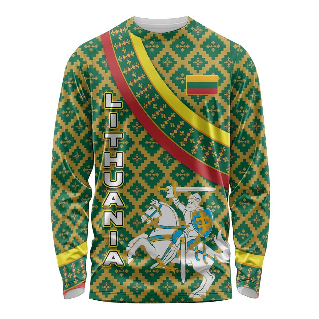 Lithuania Knight Pattern Long Sleeve Shirt with Traditional Green Yellow Red Design and Vytis Emblem - Wonder Print Shop