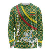 Lithuania Knight Pattern Long Sleeve Shirt with Traditional Green Yellow Red Design and Vytis Emblem - Wonder Print Shop