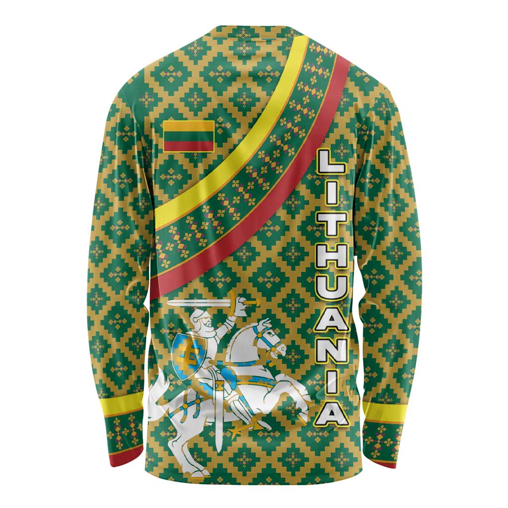 Lithuania Knight Pattern Long Sleeve Shirt with Traditional Green Yellow Red Design and Vytis Emblem - Wonder Print Shop
