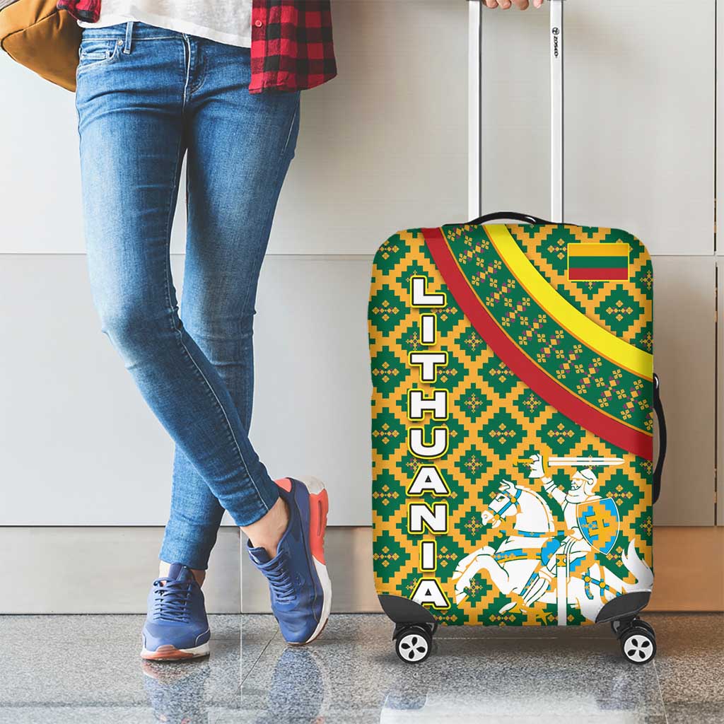 Lithuania Knight Pattern Luggage Cover with Traditional Green Yellow Red Design and Vytis Emblem - Wonder Print Shop
